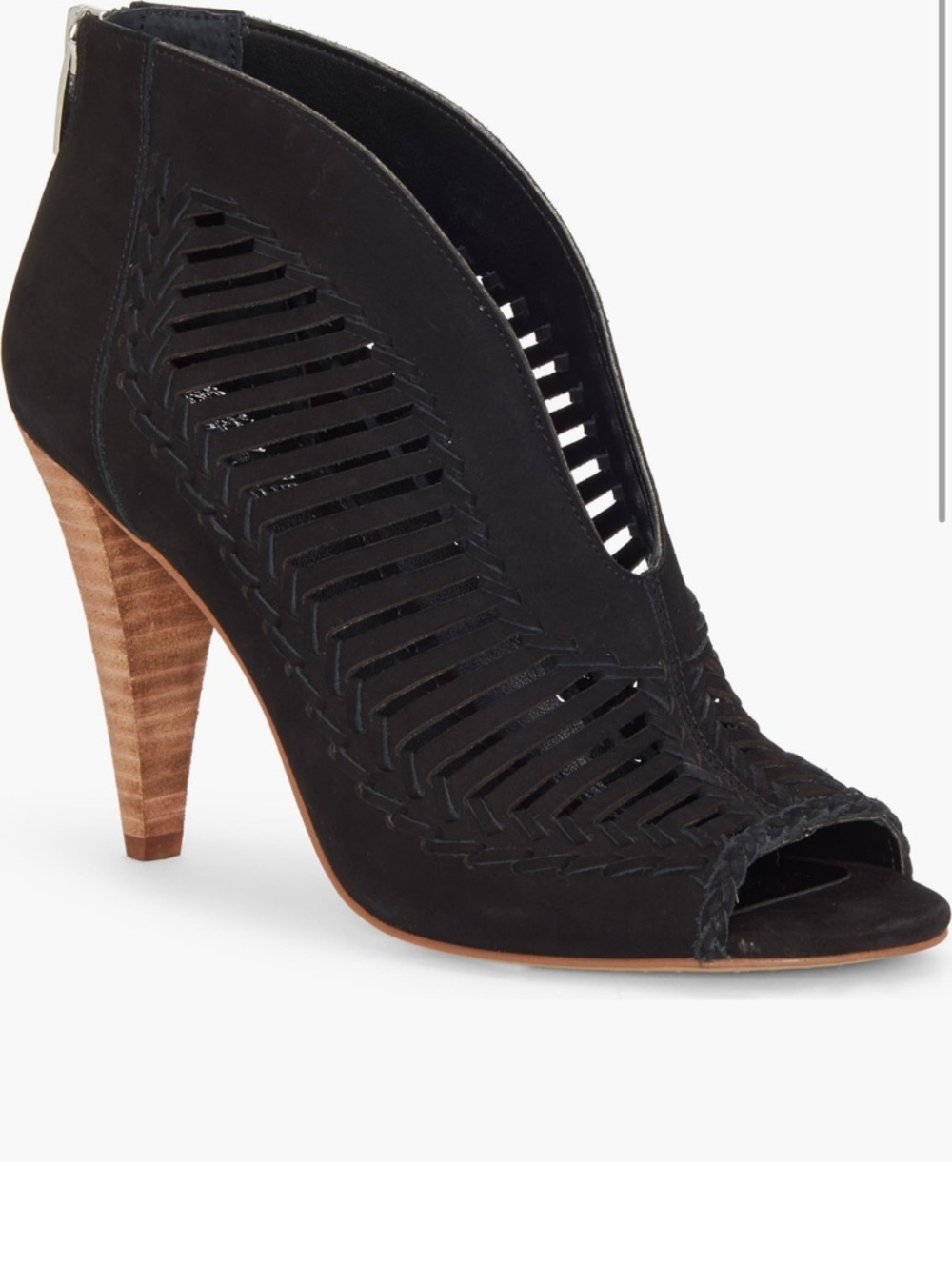 Vince Camuto Black Cutout Peep-Toe Heeled Bootie with Stacked Heel